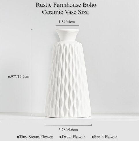 White Boho Vase for Decor,Rustic Farmhouse Flower Vase for Pampas Grass,Small Pampas Grass Ceramic Vases for Centerpieces, 7Inch Vintage Vase -Rhombus, Embossment in Saudi Arabia