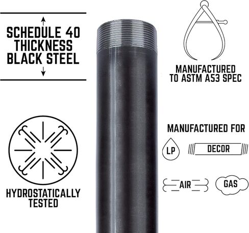 أنابيب السباكة الفولاذية السوداء من PIPE DECOR، قطر 2 بوصة. × 12 بوصة. الأنابيب المقطوعة مسبقًا تناسب الأنابيب ذات الخيوط السوداء القياسية مقاس 2 بوصة والحلمات والتركيبات، 4 عبوات in Kuwait