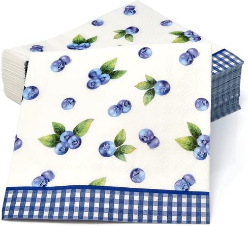 100 Blueberry Cocktail Beverage Napkins Disposable Paper Blueberries Fruit Dessert Napkin for Blue Berry Fruits Gingham Summer Spring Birthday Tea Party Bridal & Baby Shower Tableware Party Supplies in Saudi Arabia