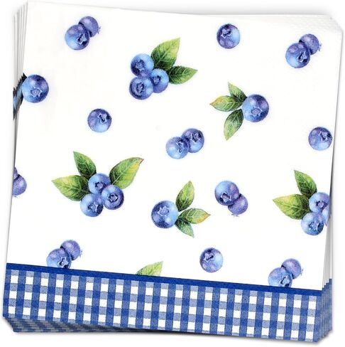 100 Blueberry Cocktail Beverage Napkins Disposable Paper Blueberries Fruit Dessert Napkin for Blue Berry Fruits Gingham Summer Spring Birthday Tea Party Bridal & Baby Shower Tableware Party Supplies in Saudi Arabia