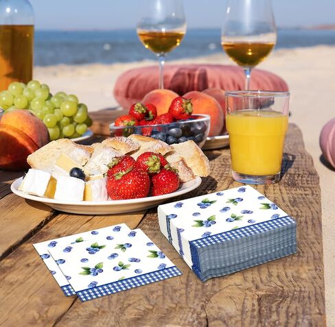 100 Blueberry Cocktail Beverage Napkins Disposable Paper Blueberries Fruit Dessert Napkin for Blue Berry Fruits Gingham Summer Spring Birthday Tea Party Bridal & Baby Shower Tableware Party Supplies in Saudi Arabia