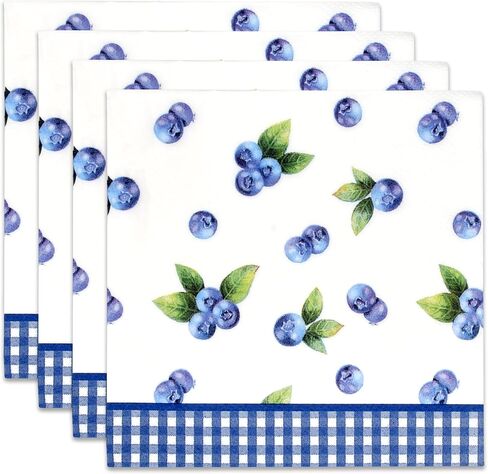 100 Blueberry Cocktail Beverage Napkins Disposable Paper Blueberries Fruit Dessert Napkin for Blue Berry Fruits Gingham Summer Spring Birthday Tea Party Bridal & Baby Shower Tableware Party Supplies in Saudi Arabia