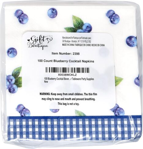 100 Blueberry Cocktail Beverage Napkins Disposable Paper Blueberries Fruit Dessert Napkin for Blue Berry Fruits Gingham Summer Spring Birthday Tea Party Bridal & Baby Shower Tableware Party Supplies in Saudi Arabia