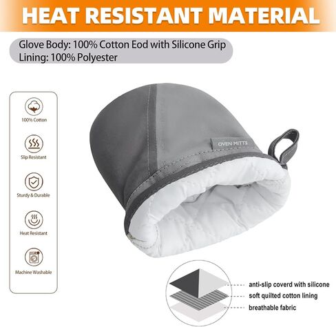 Mini Oven Mitts, Kitchen Oven Gloves Kitchen Mittens 500 Degrees Heat Resistant Baking Gloves, Non-Slip Silicone Surface with Hanging Loops Hot Gloves for Cooking, Baking, BBQ 1 Pair-Gray in Saudi Arabia