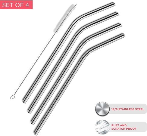 9.5mm Bent Wide Stainless Steel Drinking Straws, 4-Pack – Rust Proof Metal Straws w/Cleaning Brushes – Perfect for Smoothies & Cold Beverages in Saudi Arabia