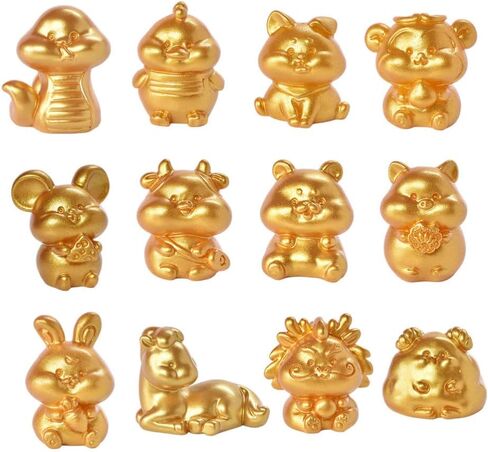 Cabilock 12pcs Vintage Zodiac Animal Figure Feng Shui Resin Chinese Zodiac Animal Sculptures Figurines Charms for New Year Table Decorations Golden in Saudi Arabia