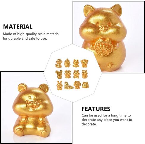 Cabilock 12pcs Vintage Zodiac Animal Figure Feng Shui Resin Chinese Zodiac Animal Sculptures Figurines Charms for New Year Table Decorations Golden in Saudi Arabia