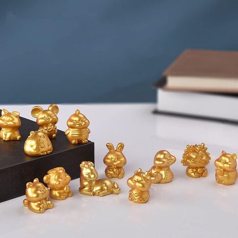Cabilock 12pcs Vintage Zodiac Animal Figure Feng Shui Resin Chinese Zodiac Animal Sculptures Figurines Charms for New Year Table Decorations Golden in Saudi Arabia