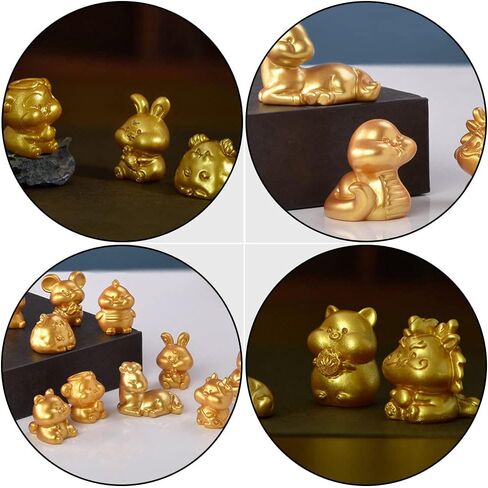 Cabilock 12pcs Vintage Zodiac Animal Figure Feng Shui Resin Chinese Zodiac Animal Sculptures Figurines Charms for New Year Table Decorations Golden in Saudi Arabia
