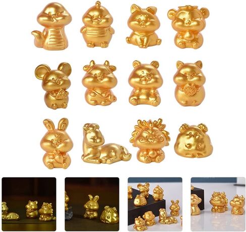 Cabilock 12pcs Vintage Zodiac Animal Figure Feng Shui Resin Chinese Zodiac Animal Sculptures Figurines Charms for New Year Table Decorations Golden in Saudi Arabia