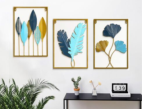 YZDTECH 3Pcs Metal Wall Art Decor,Gold Wall Art Metal Leaf with Frame,17" x 12" Gold Metal Wall Decor for Living Room,Iron Artwork Wall Sculptures Hanging For offices (Greenleaf+Ginkgo+Bananaleaf) in Saudi Arabia