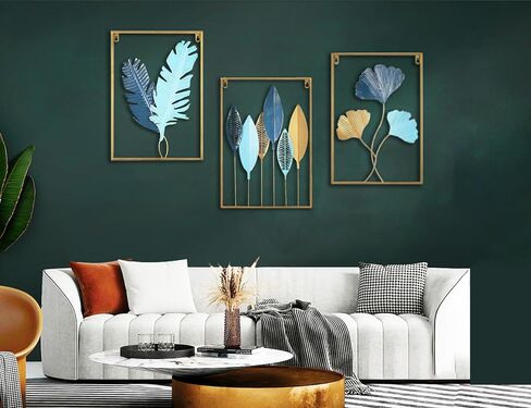 YZDTECH 3Pcs Metal Wall Art Decor,Gold Wall Art Metal Leaf with Frame,17" x 12" Gold Metal Wall Decor for Living Room,Iron Artwork Wall Sculptures Hanging For offices (Greenleaf+Ginkgo+Bananaleaf) in Saudi Arabia