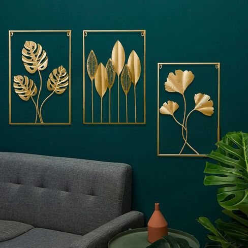 YZDTECH 3Pcs Metal Wall Art Decor,Gold Wall Art Metal Leaf with Frame,17" x 12" Gold Metal Wall Decor for Living Room,Iron Artwork Wall Sculptures Hanging For offices (Greenleaf+Ginkgo+Bananaleaf) in Saudi Arabia