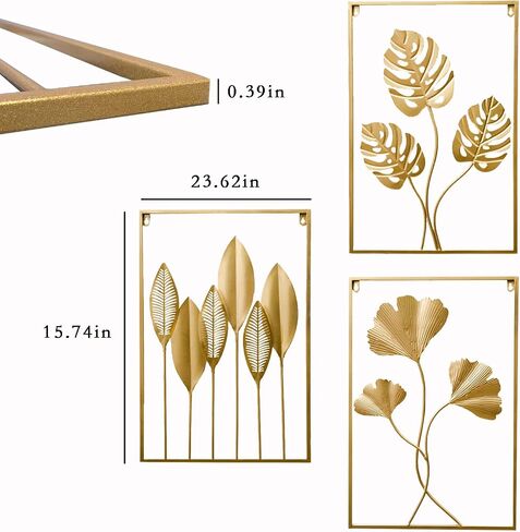 YZDTECH 3Pcs Metal Wall Art Decor,Gold Wall Art Metal Leaf with Frame,17" x 12" Gold Metal Wall Decor for Living Room,Iron Artwork Wall Sculptures Hanging For offices (Greenleaf+Ginkgo+Bananaleaf) in Saudi Arabia