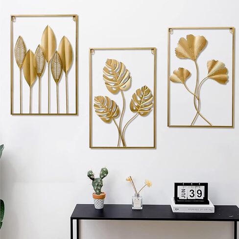 YZDTECH 3Pcs Metal Wall Art Decor,Gold Wall Art Metal Leaf with Frame,17" x 12" Gold Metal Wall Decor for Living Room,Iron Artwork Wall Sculptures Hanging For offices (Greenleaf+Ginkgo+Bananaleaf) in Saudi Arabia