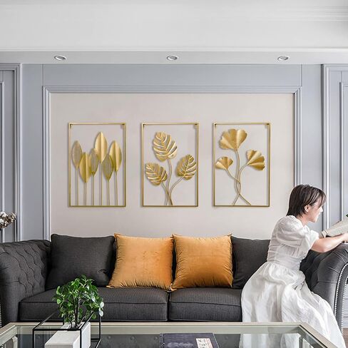 YZDTECH 3Pcs Metal Wall Art Decor,Gold Wall Art Metal Leaf with Frame,17" x 12" Gold Metal Wall Decor for Living Room,Iron Artwork Wall Sculptures Hanging For offices (Greenleaf+Ginkgo+Bananaleaf) in Saudi Arabia