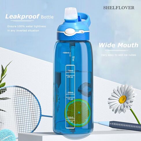 زجاجة مياه زرقاء فاتحة من SHELFLOVER مع قش ضيق، زجاجات شفافة خالية من مادة BPA مع مقبض للاستخدام بيد واحدة، سهلة الحمل، قابلة للطي، مناسبة للمدرسة، المكتب، صالة الألعاب الرياضية، المكتب، 32 أونصة (1000 مل)، SLWB32OZP in Kuwait
