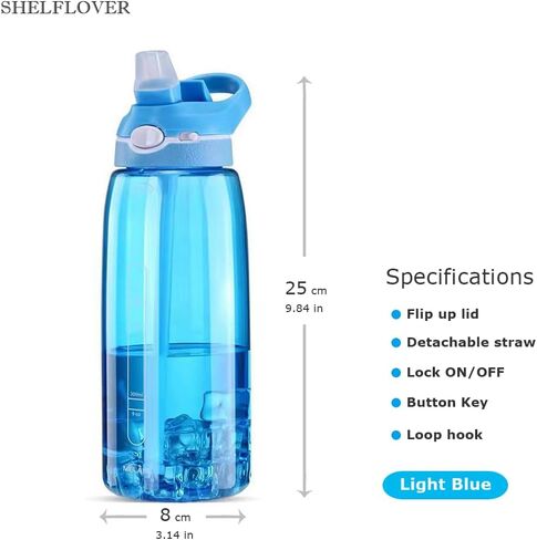 زجاجة مياه زرقاء فاتحة من SHELFLOVER مع قش ضيق، زجاجات شفافة خالية من مادة BPA مع مقبض للاستخدام بيد واحدة، سهلة الحمل، قابلة للطي، مناسبة للمدرسة، المكتب، صالة الألعاب الرياضية، المكتب، 32 أونصة (1000 مل)، SLWB32OZP in Kuwait