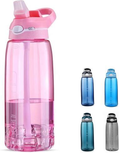 زجاجة مياه زرقاء فاتحة من SHELFLOVER مع قش ضيق، زجاجات شفافة خالية من مادة BPA مع مقبض للاستخدام بيد واحدة، سهلة الحمل، قابلة للطي، مناسبة للمدرسة، المكتب، صالة الألعاب الرياضية، المكتب، 32 أونصة (1000 مل)، SLWB32OZP in Kuwait
