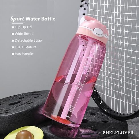 زجاجة مياه زرقاء فاتحة من SHELFLOVER مع قش ضيق، زجاجات شفافة خالية من مادة BPA مع مقبض للاستخدام بيد واحدة، سهلة الحمل، قابلة للطي، مناسبة للمدرسة، المكتب، صالة الألعاب الرياضية، المكتب، 32 أونصة (1000 مل)، SLWB32OZP in Kuwait