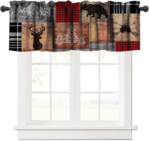 ستائر الدب الرجعية، ريفي الغابات البرية الحيوانات البرية قضيب جيب نافذة الستارة، مزرعة حجر الجدار لوحة خشبية طباعة تعتيم ستارة قصيرة توبر لغرفة المعيشة المطبخ، 54x18in in Kuwait