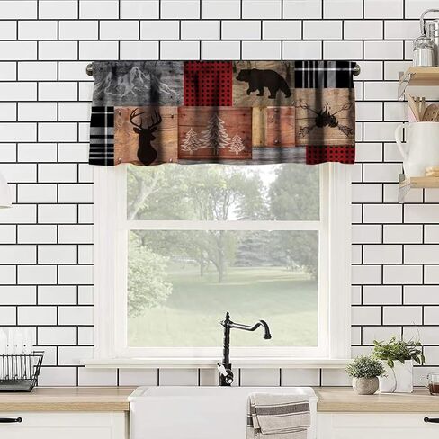 ستائر الدب الرجعية، ريفي الغابات البرية الحيوانات البرية قضيب جيب نافذة الستارة، مزرعة حجر الجدار لوحة خشبية طباعة تعتيم ستارة قصيرة توبر لغرفة المعيشة المطبخ، 54x18in in Kuwait