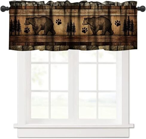 ستائر الدب الرجعية، ريفي الغابات البرية الحيوانات البرية قضيب جيب نافذة الستارة، مزرعة حجر الجدار لوحة خشبية طباعة تعتيم ستارة قصيرة توبر لغرفة المعيشة المطبخ، 54x18in in Kuwait