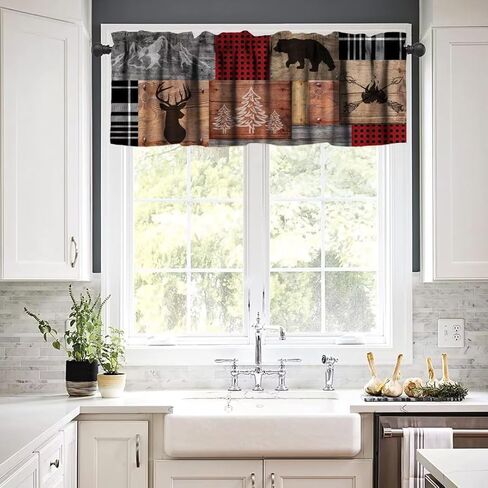 ستائر الدب الرجعية، ريفي الغابات البرية الحيوانات البرية قضيب جيب نافذة الستارة، مزرعة حجر الجدار لوحة خشبية طباعة تعتيم ستارة قصيرة توبر لغرفة المعيشة المطبخ، 54x18in in Kuwait