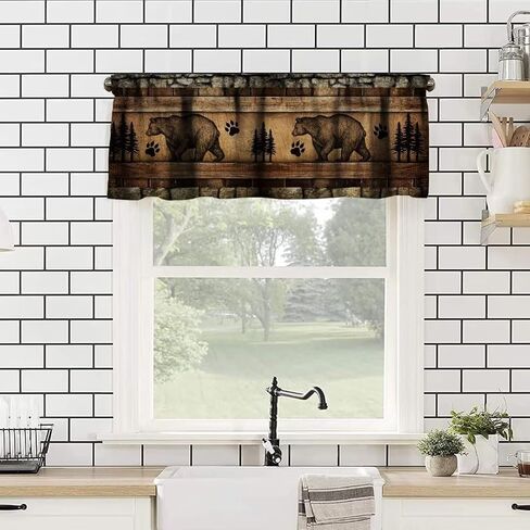 ستائر الدب الرجعية، ريفي الغابات البرية الحيوانات البرية قضيب جيب نافذة الستارة، مزرعة حجر الجدار لوحة خشبية طباعة تعتيم ستارة قصيرة توبر لغرفة المعيشة المطبخ، 54x18in in Kuwait