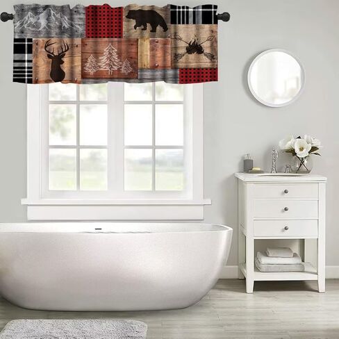 ستائر الدب الرجعية، ريفي الغابات البرية الحيوانات البرية قضيب جيب نافذة الستارة، مزرعة حجر الجدار لوحة خشبية طباعة تعتيم ستارة قصيرة توبر لغرفة المعيشة المطبخ، 54x18in in Kuwait