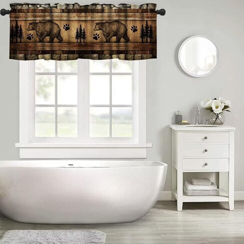 ستائر الدب الرجعية، ريفي الغابات البرية الحيوانات البرية قضيب جيب نافذة الستارة، مزرعة حجر الجدار لوحة خشبية طباعة تعتيم ستارة قصيرة توبر لغرفة المعيشة المطبخ، 54x18in in Kuwait
