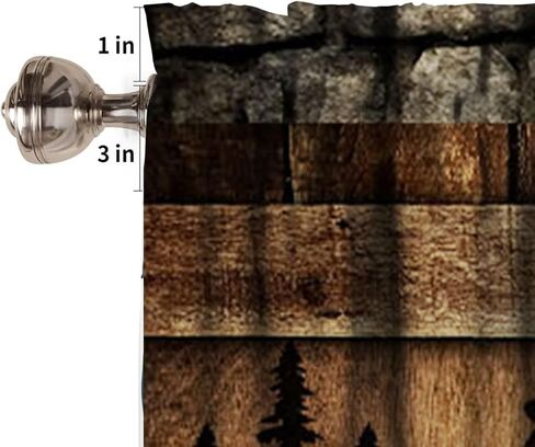 ستائر الدب الرجعية، ريفي الغابات البرية الحيوانات البرية قضيب جيب نافذة الستارة، مزرعة حجر الجدار لوحة خشبية طباعة تعتيم ستارة قصيرة توبر لغرفة المعيشة المطبخ، 54x18in in Kuwait