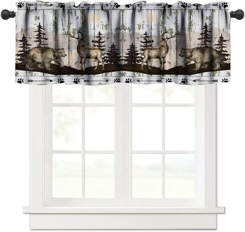 ستائر الدب الرجعية، ريفي الغابات البرية الحيوانات البرية قضيب جيب نافذة الستارة، مزرعة حجر الجدار لوحة خشبية طباعة تعتيم ستارة قصيرة توبر لغرفة المعيشة المطبخ، 54x18in in Kuwait