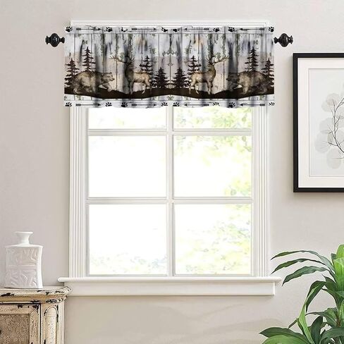 ستائر الدب الرجعية، ريفي الغابات البرية الحيوانات البرية قضيب جيب نافذة الستارة، مزرعة حجر الجدار لوحة خشبية طباعة تعتيم ستارة قصيرة توبر لغرفة المعيشة المطبخ، 54x18in in Kuwait