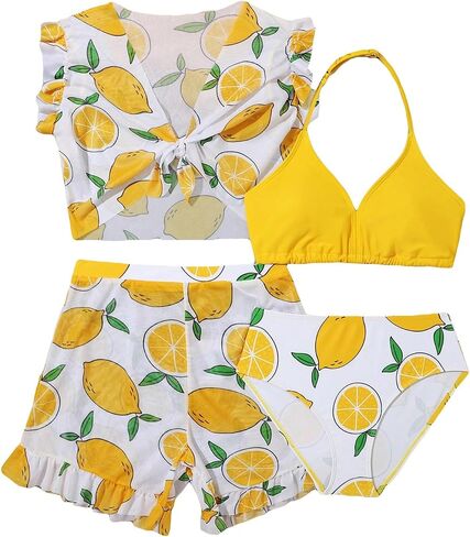 OYOANGLE Girl's 4 Piece Swimwear All Over Printed Wireless Halter Bikini Set with Cover Up Sets in Saudi Arabia