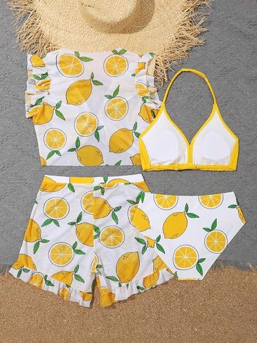 OYOANGLE Girl's 4 Piece Swimwear All Over Printed Wireless Halter Bikini Set with Cover Up Sets in Saudi Arabia