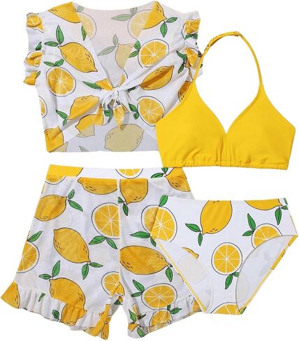 OYOANGLE Girl's 4 Piece Swimwear All Over Printed Wireless Halter Bikini Set with Cover Up Sets in Saudi Arabia