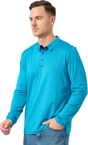 SVILU Mens Golf Polo Shirt - Quick Dry Long Sleeve Casual Collared Shirts Lake Blue in Saudi Arabia