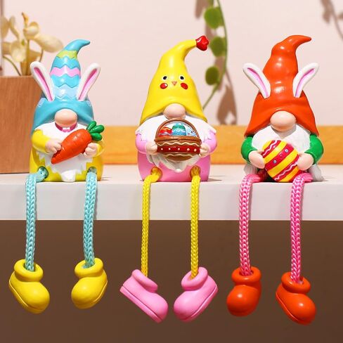 3 Pcs Spring Figurines Decorations Bunny Gnomes with Dangling Legs Easter Resin Shelf Sitters Figurines for Easter Decorations Holiday Ornaments Tabletop Centerpiece in Saudi Arabia
