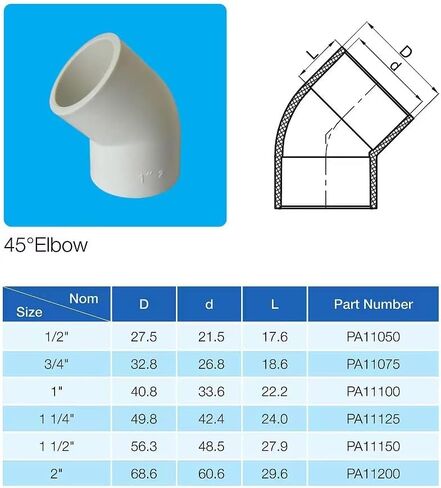 Rainbow Dream 1 Inch 45 Degree PVC Pipe Elbow - 10 Packs, White in Kuwait
