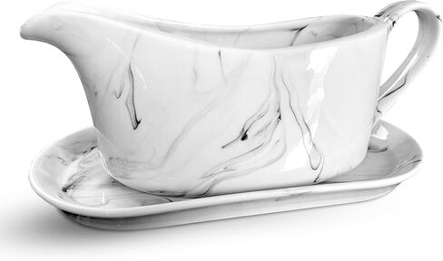 CASADELLA Porcelain Gravy Boat w/Ceramic Tray for Serving Gravy, Milk or Syrup, Beautiful 14 oz Modern Salad Dressing Dispenser, Premium Ceramic Construction, Perfect Wedding Registry Ideas in Saudi Arabia