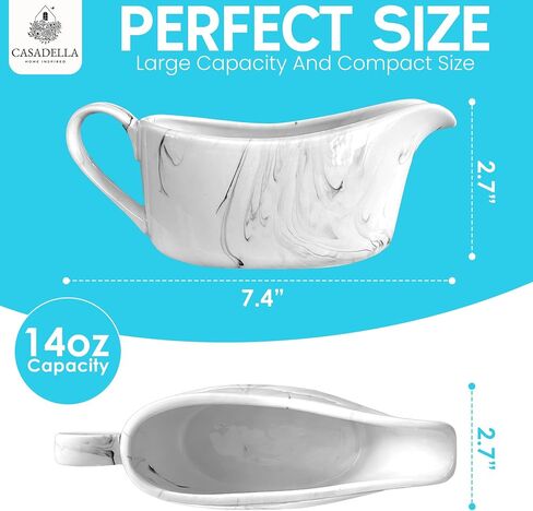 CASADELLA Porcelain Gravy Boat w/Ceramic Tray for Serving Gravy, Milk or Syrup, Beautiful 14 oz Modern Salad Dressing Dispenser, Premium Ceramic Construction, Perfect Wedding Registry Ideas in Saudi Arabia