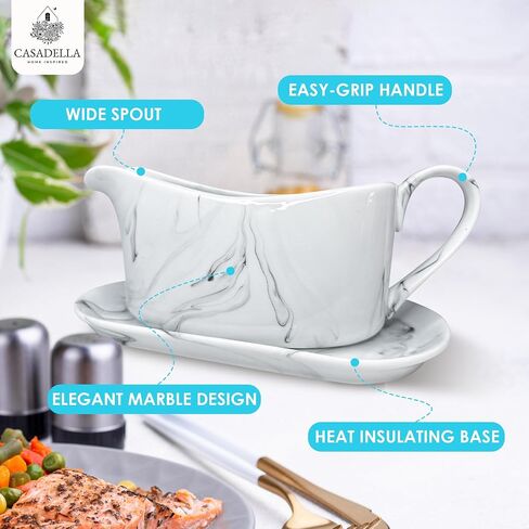 CASADELLA Porcelain Gravy Boat w/Ceramic Tray for Serving Gravy, Milk or Syrup, Beautiful 14 oz Modern Salad Dressing Dispenser, Premium Ceramic Construction, Perfect Wedding Registry Ideas in Saudi Arabia