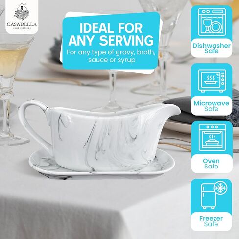 CASADELLA Porcelain Gravy Boat w/Ceramic Tray for Serving Gravy, Milk or Syrup, Beautiful 14 oz Modern Salad Dressing Dispenser, Premium Ceramic Construction, Perfect Wedding Registry Ideas in Saudi Arabia