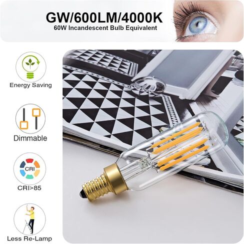 E12 LED Bulb T6 Dimmable Candelabra Bulb 6W Equal 60 Watt Edison Light Bulbs Warm White 2700K Light Bulbs 6 Pack for Chandeliers,Ceiling Fan,Vanity (6W, 2700K) in Saudi Arabia
