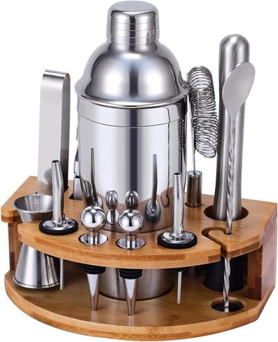 Cocktail Shaker Set Bartender Kit with Stand, 12 Piece Bar Set Drink Mixer Set with Stainless Steel Bar Accessories Tools: 25oz Martini Shaker Jigger Strainer Spoon Muddler for Cocktails (Black) in Saudi Arabia