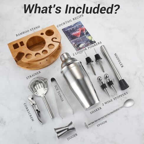 Cocktail Shaker Set Bartender Kit with Stand, 12 Piece Bar Set Drink Mixer Set with Stainless Steel Bar Accessories Tools: 25oz Martini Shaker Jigger Strainer Spoon Muddler for Cocktails (Black) in Saudi Arabia