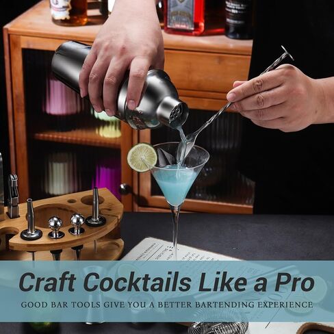 Cocktail Shaker Set Bartender Kit with Stand, 12 Piece Bar Set Drink Mixer Set with Stainless Steel Bar Accessories Tools: 25oz Martini Shaker Jigger Strainer Spoon Muddler for Cocktails (Black) in Saudi Arabia