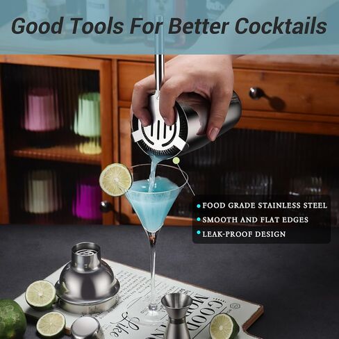 Cocktail Shaker Set Bartender Kit with Stand, 12 Piece Bar Set Drink Mixer Set with Stainless Steel Bar Accessories Tools: 25oz Martini Shaker Jigger Strainer Spoon Muddler for Cocktails (Black) in Saudi Arabia