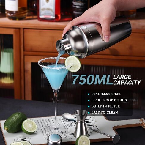 Cocktail Shaker Set Bartender Kit with Stand, 12 Piece Bar Set Drink Mixer Set with Stainless Steel Bar Accessories Tools: 25oz Martini Shaker Jigger Strainer Spoon Muddler for Cocktails (Black) in Saudi Arabia